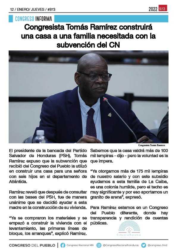 Congresista Tomás Ramírez construirá una casa a una familia necesitada con la subvención del CN